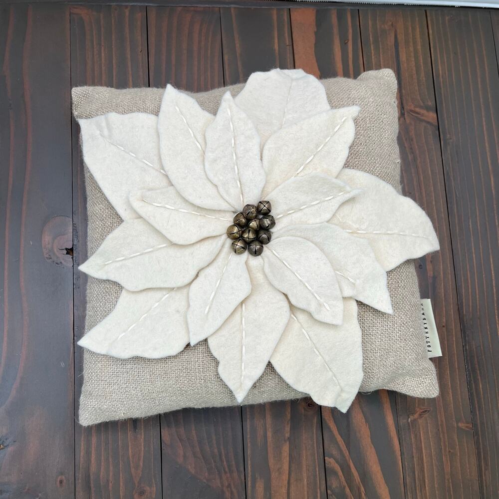 Pottery Barn Christmas White Felt Poinsettia Pillow Jingle Bells 11.5 x 11.5"